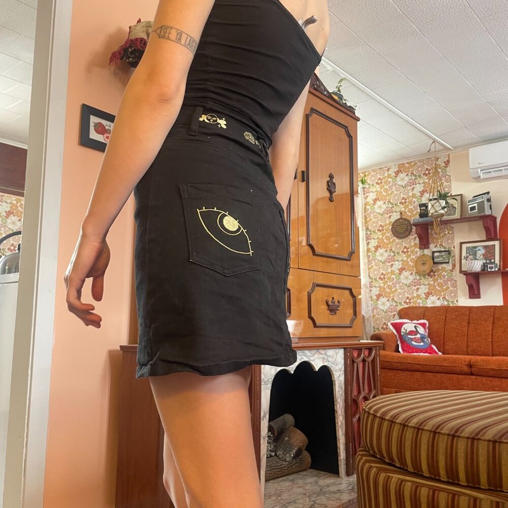 Black and gold embroidered zodiak denim jean mini skirt! - Picture 6 of 13